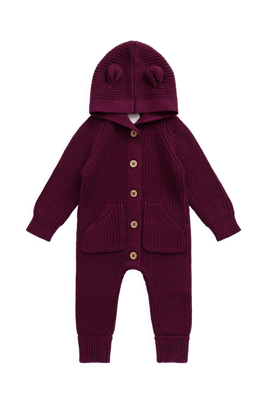 Grenouillère confortable en coton tricoté uni coloris mûre foncée pour bébé (0-3 ans) avec capuche à détails oreilles et poignets côtelés