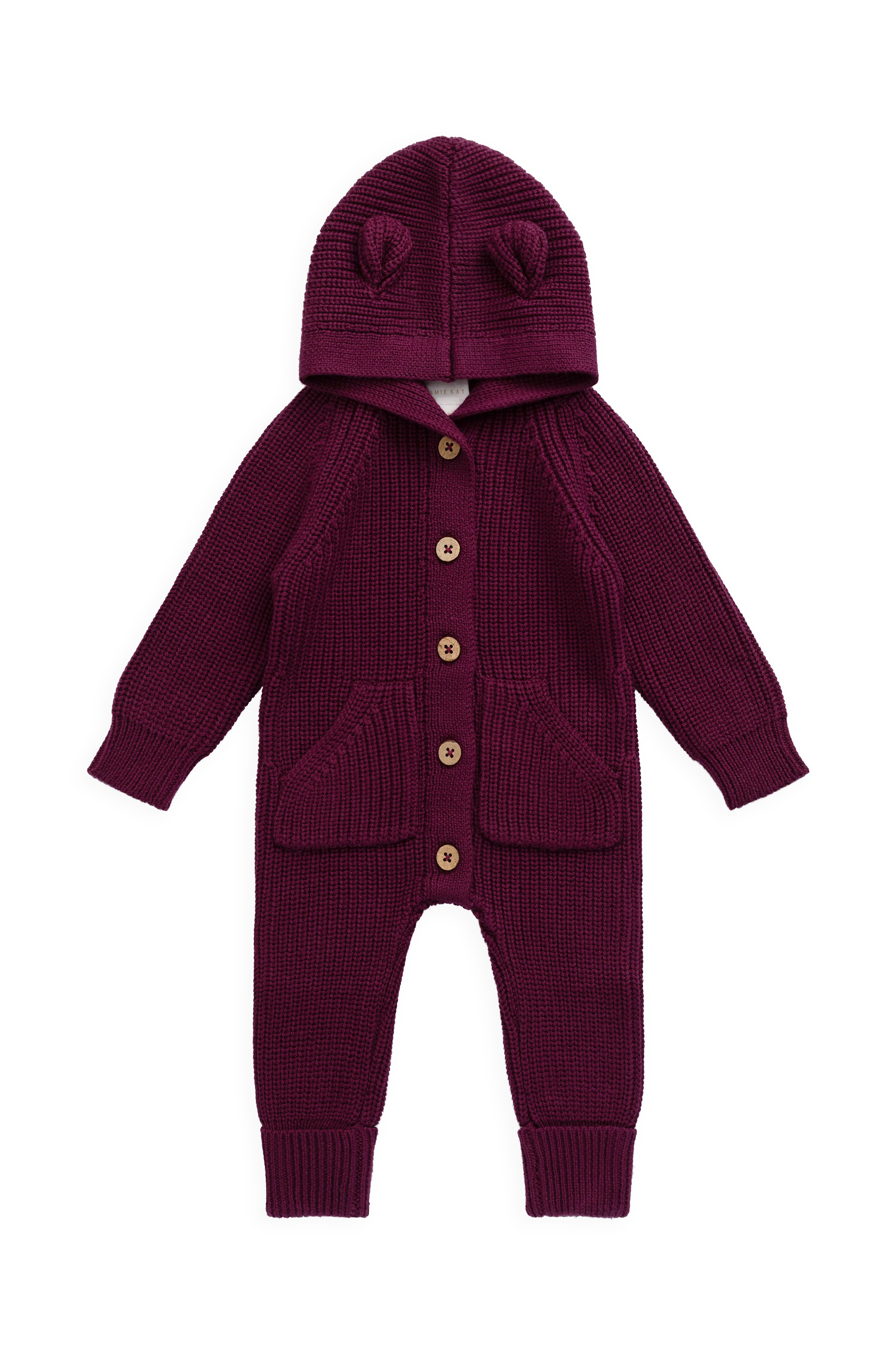 Grenouillère confortable en coton tricoté uni coloris mûre foncée pour bébé (0-3 ans) avec capuche à détails oreilles et poignets côtelés