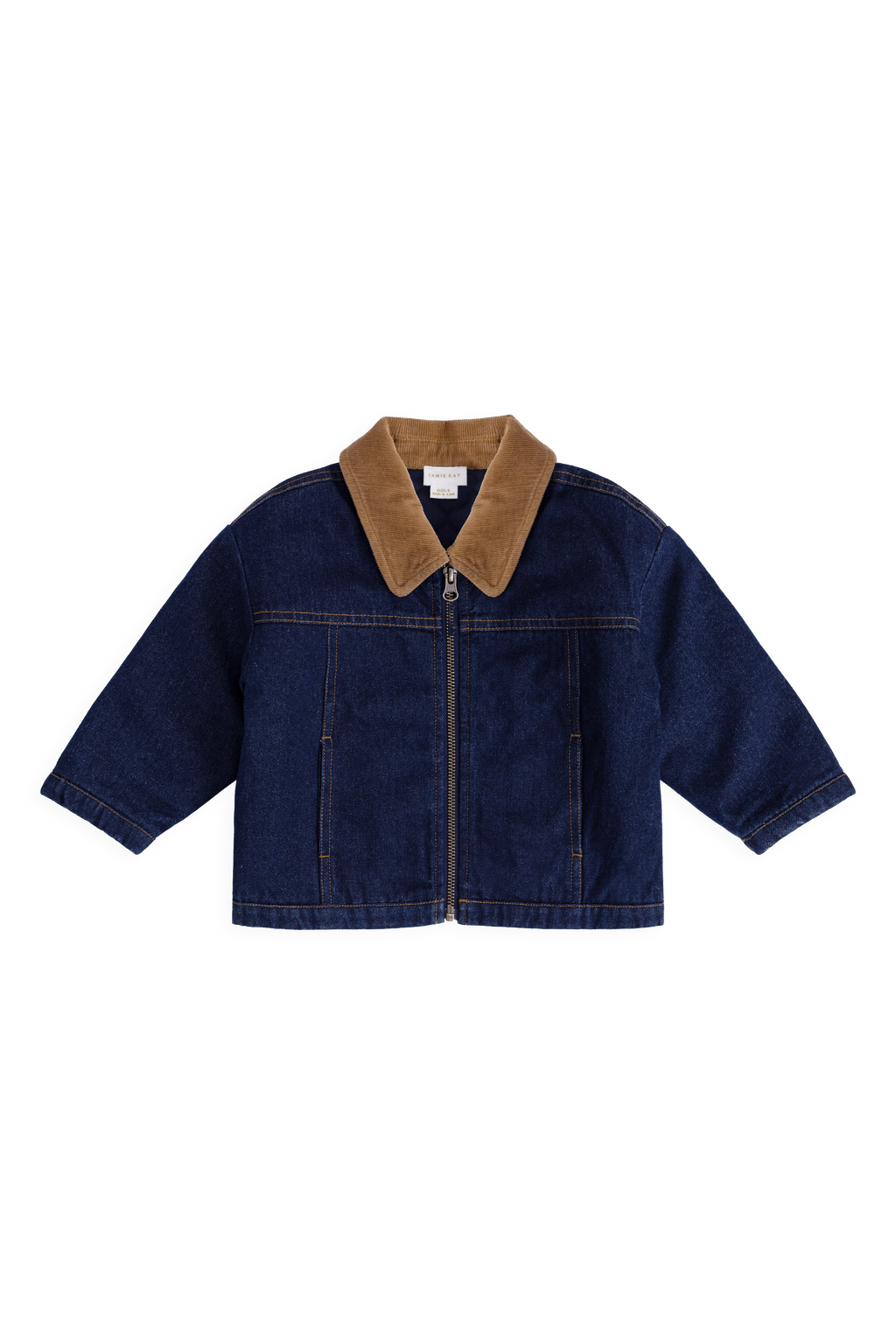 Veste classique en jean de coton indigo uni avec col en velours côtelé et fermeture éclair pour enfants de 6 mois à 8 ans