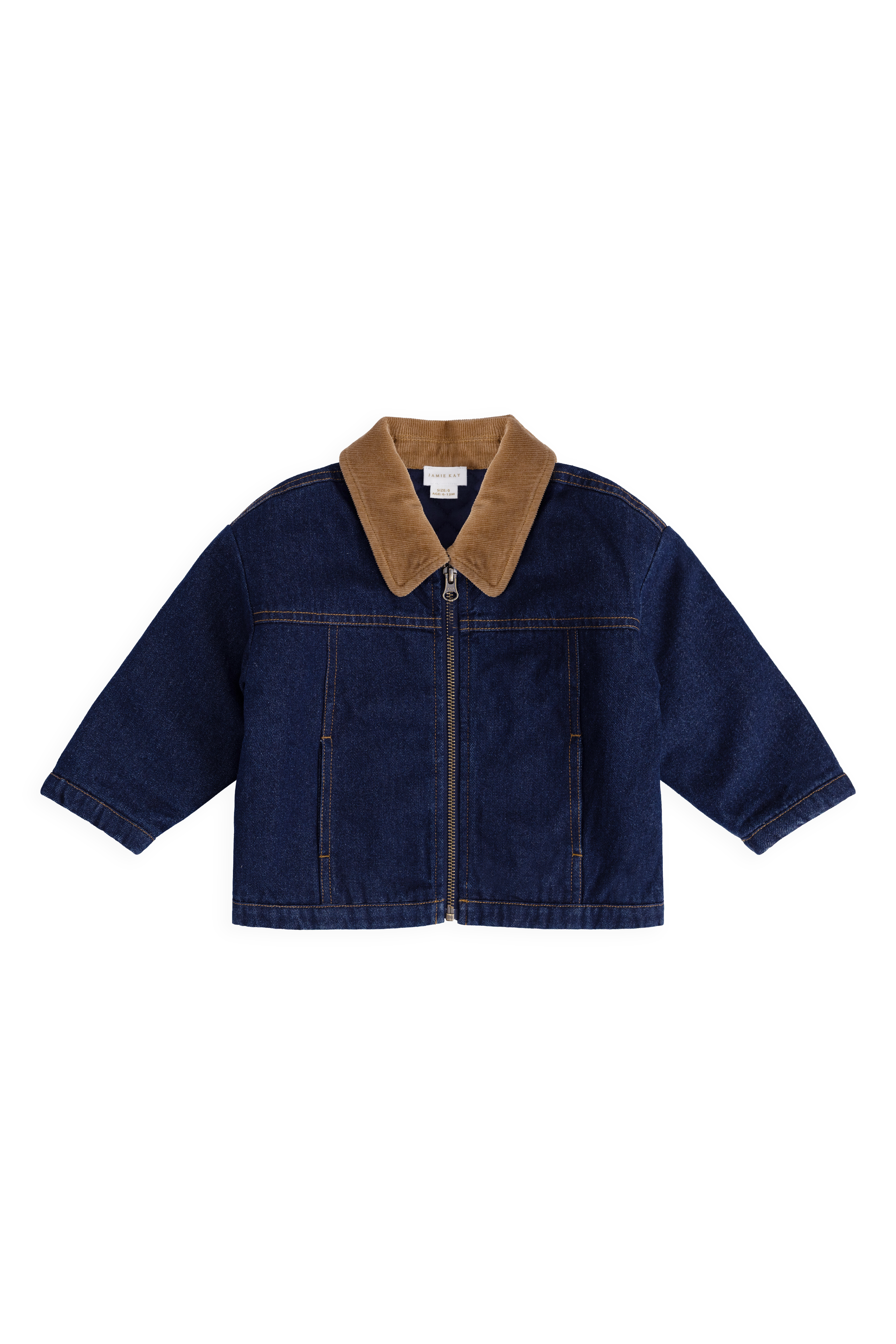 Veste classique en jean de coton indigo uni avec col en velours côtelé et fermeture éclair pour enfants de 6 mois à 8 ans