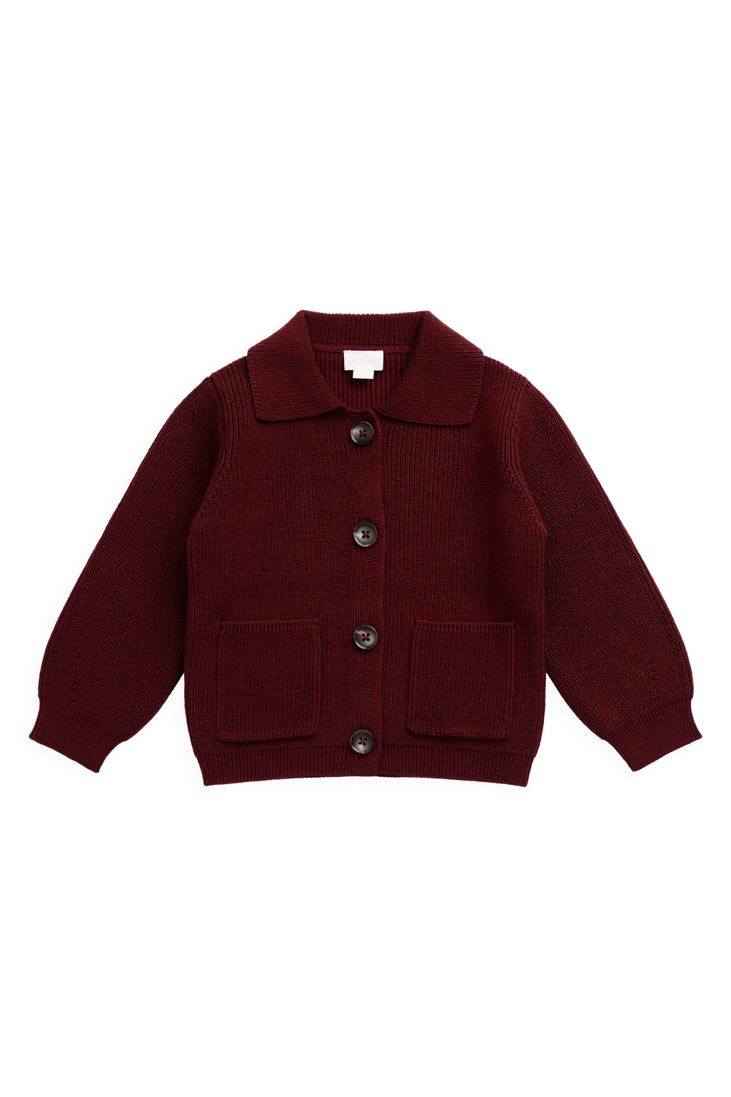 Veste en tricot de coton texturé classique, couleur bordeaux, avec boutonnage et poches plaquées pour enfants de 6 mois à 8 ans