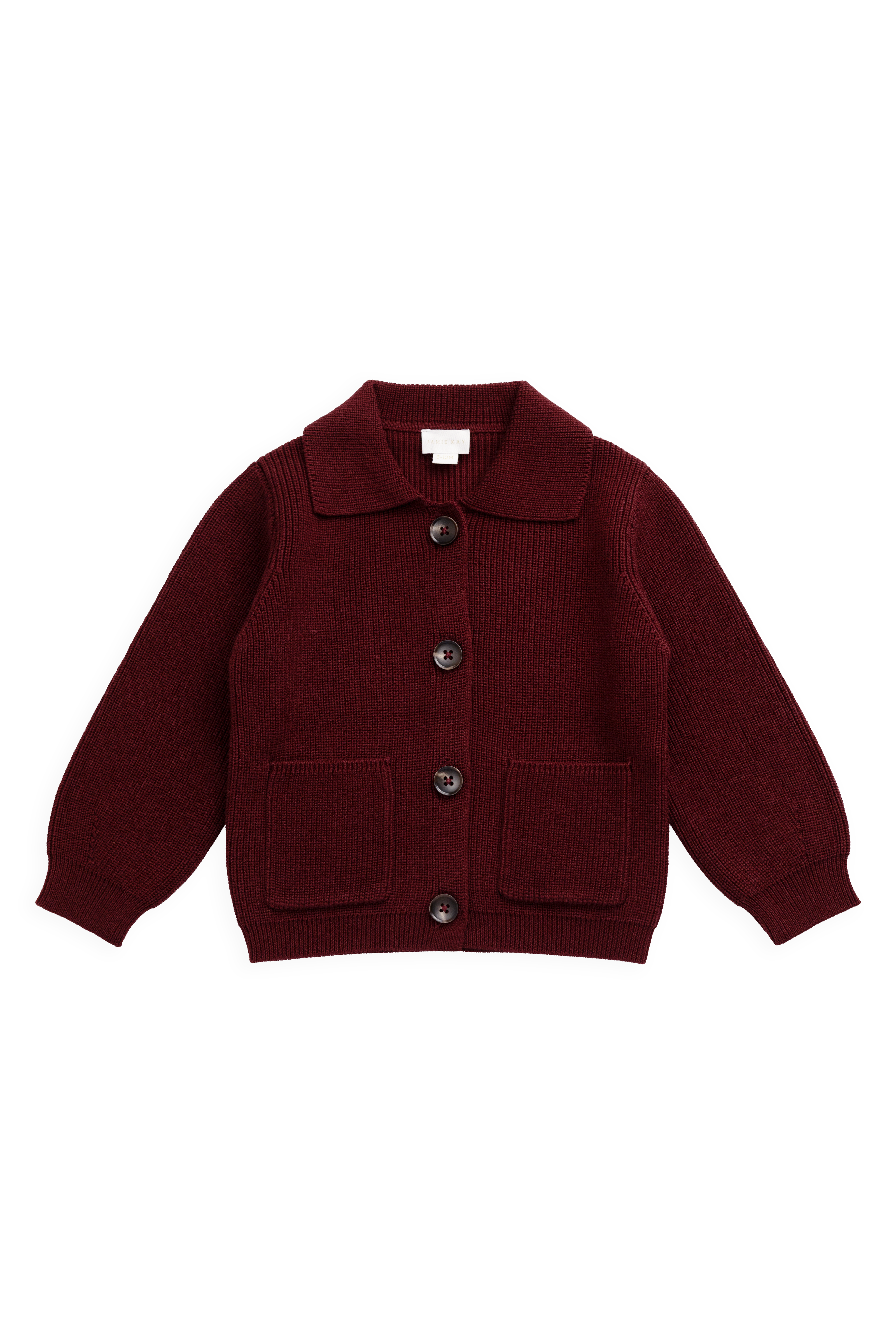 Veste en tricot de coton texturé classique, couleur bordeaux, avec boutonnage et poches plaquées pour enfants de 6 mois à 8 ans