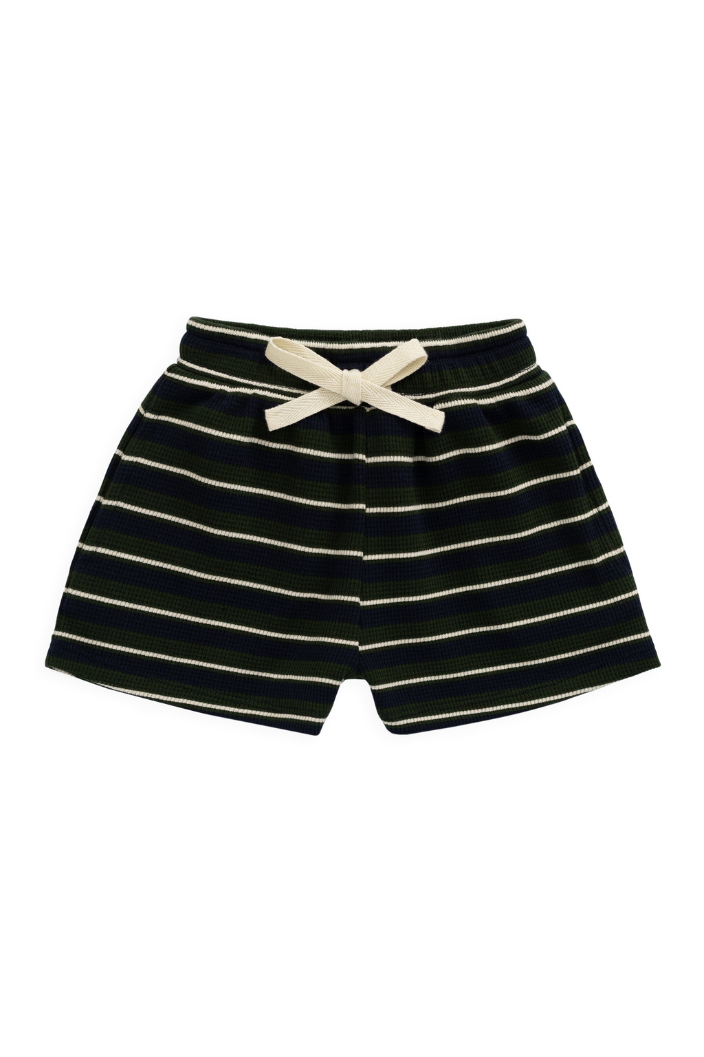 Short en coton biologique gaufré à rayures maritimes bleu marine décontracté avec taille élastique et cordon de serrage pour enfants de 6 mois à 8 ans