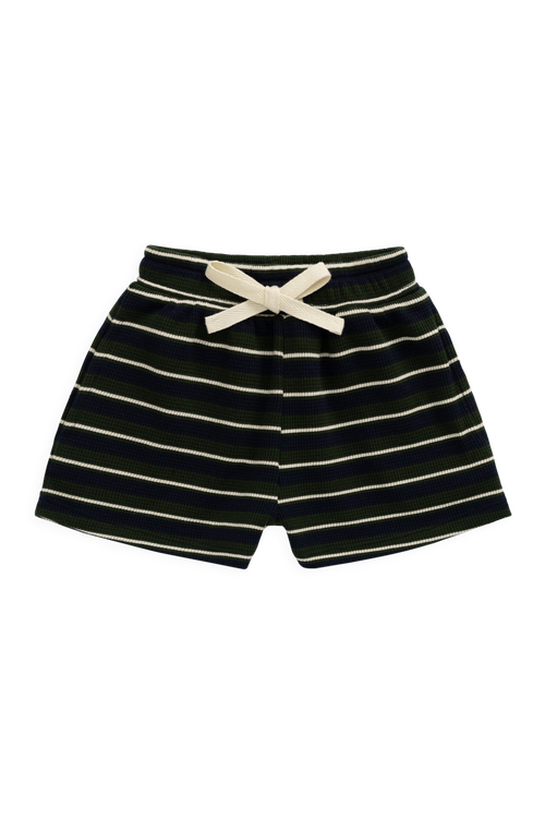 Short en coton biologique gaufré à rayures maritimes bleu marine décontracté avec taille élastique et cordon de serrage pour enfants de 6 mois à 8 ans